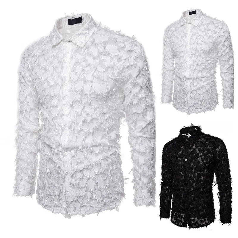 Мужская рубашка с имитацией перьев вечерние приталенные рубашки длинным рукавом