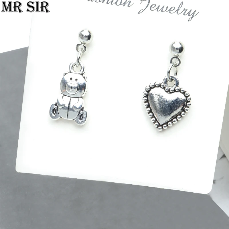 

Vintage Simple Silver Color Heart Bear Drop Earrings For Women Girl Asymmetry Fashion Piercing Dangle Earrings Gift Punk Jewelry