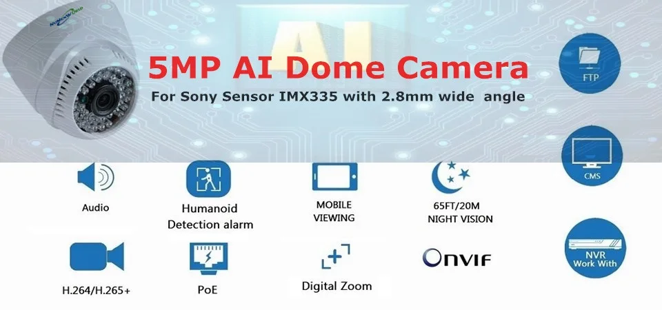 5MP H.265 ИК купольная IP камера PoE камера безопасности ночного видения 98ft Крытый AI Обнаружение широкий угол 2,8 мм ONVIF совместимый