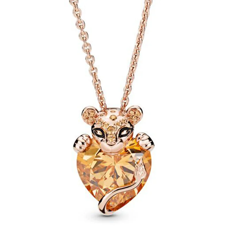 

100% 925 Sterling Silver Black Enamel Rose Lioness With Heart Stone Pan Necklace For Fine Bead Charm Diy Jewelry