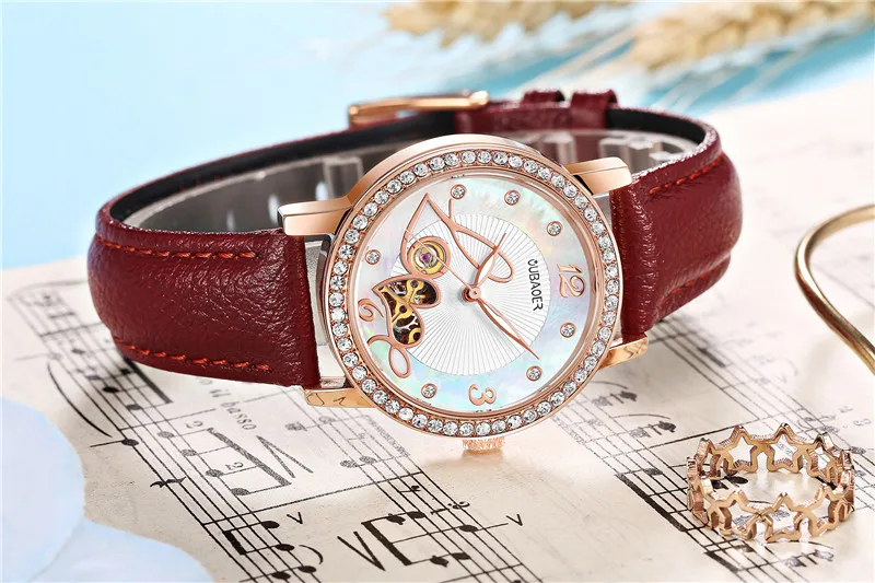 Relogio feminino, OUBAOER, автоматические механические часы для женщин, модные, стразы, полый дизайн, часы с кожаным ремешком, водонепроницаемые часы