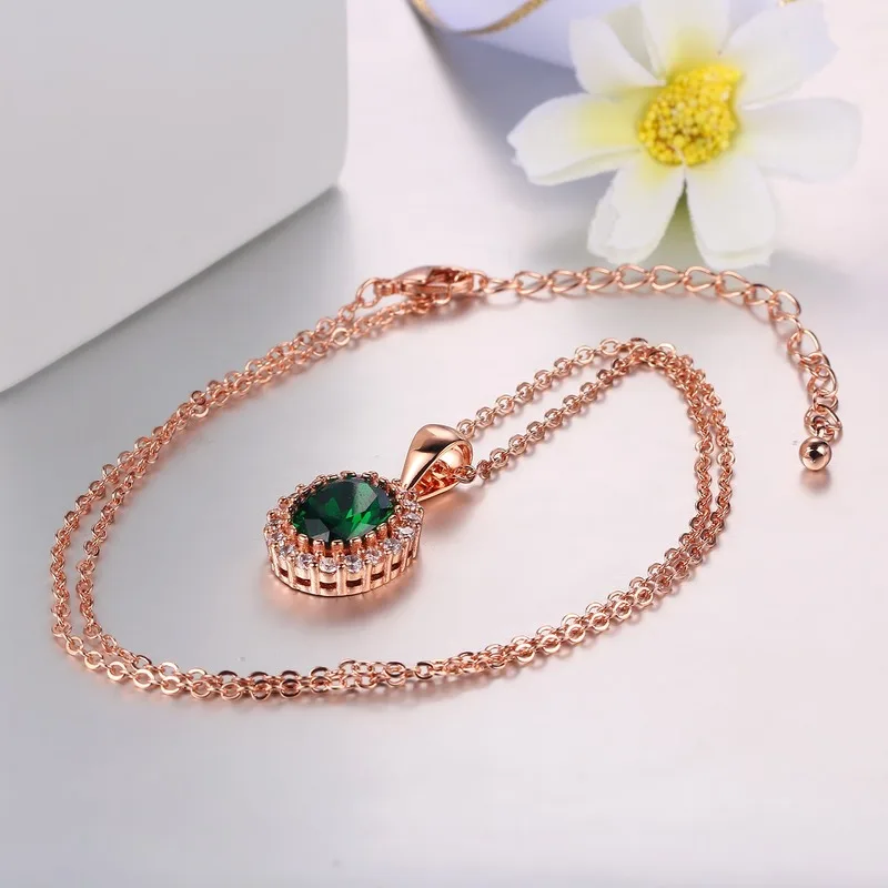 14K розовое золото Колье из горного хрусталя кулон ожерелье для Длинная цепочка