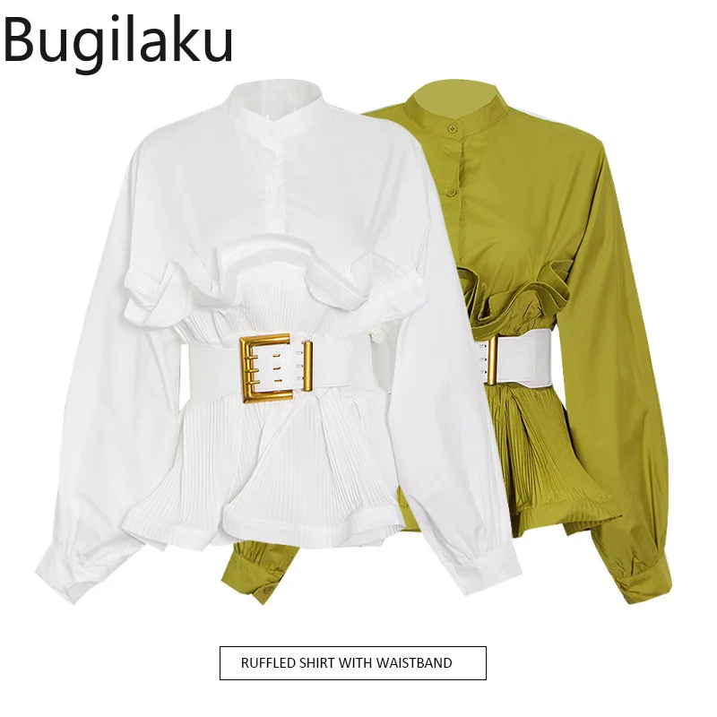 

Korean Fashion Ruffles Patchwork Women Blouse Slim Waist Lace Up Stand Collar Single Breasted Ladies Top Solid Color Shirts