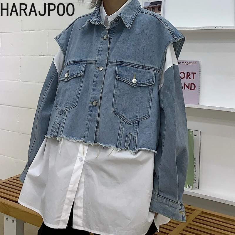 Harajpoo Women Waistcoat Retro Ins Spring Autumn 2021 Harajuku Jean Cropped Salt Jacket Men Casual Fashion Japanese Vest Lapel | Женская