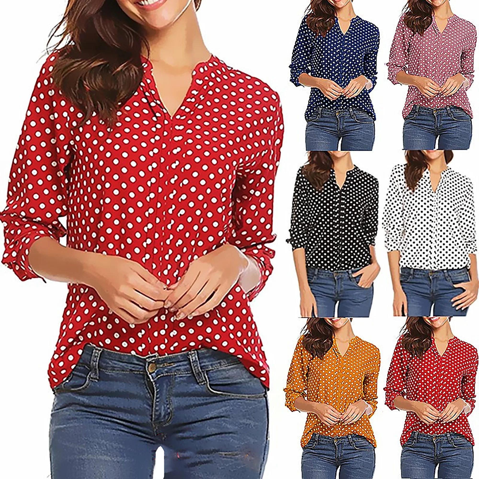 

S-5XL Oversized Women Elegant Shirt Retro Polka Dot Print Blouses Sexy V-neck Long Sleeve Casual Autumn Winter Korean Tops Femme