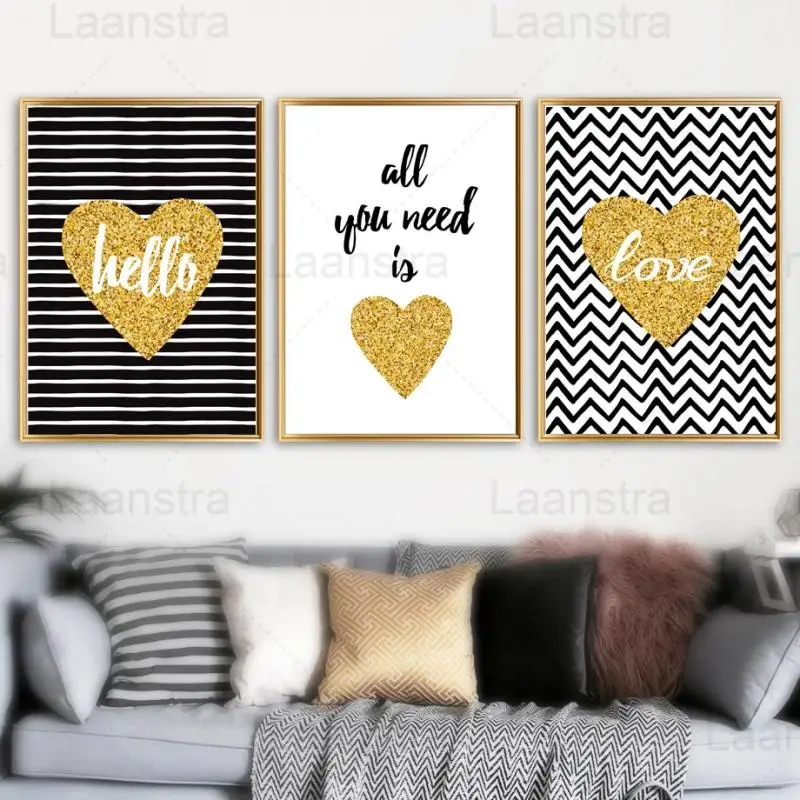 

Modern Black Gold Wall Art Heart Love Quote Canvas Painting Abstract Posters And Prints Wall Pictures Home Decor for Living Room