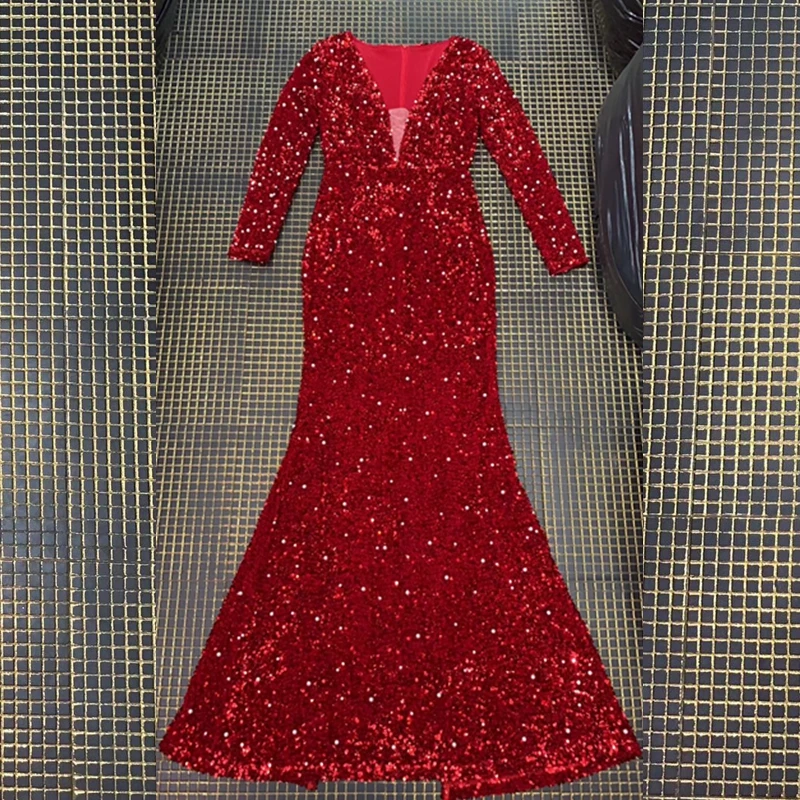Красное модное элегантное платье с блестками и жемчугом новинка 2019 сексуальное