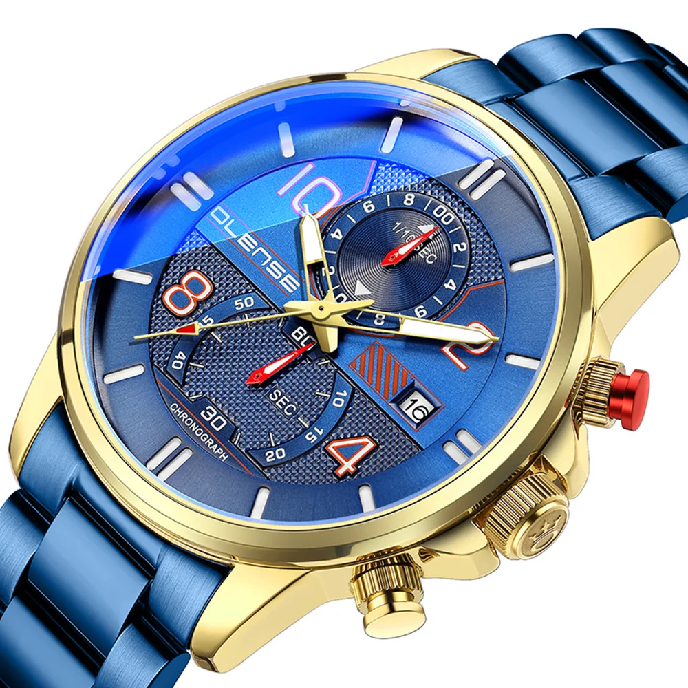 

OLENSE 9005 New Blue Quartz Men Watch Stainless Steel Strap Waterproof Calendar Sports Male Wristwatches Clock Relogio