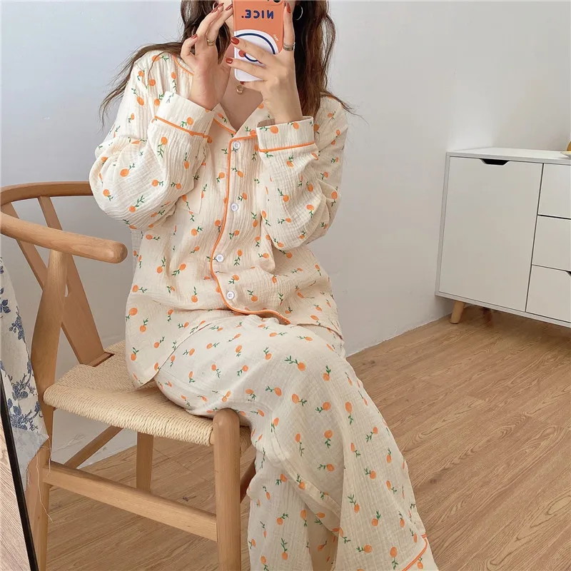 

100% cotton gauze women pajama set korean chic autumn tangerine soft homewear long sleeve pants suit sleepwear trousers L309