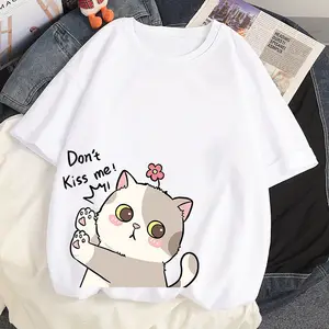 Imported 100% Cotton Summer T-shirts Harajuku Anime Kawaii Cat Print Dont Kiss Me Loose Short Sleeved Wild T 