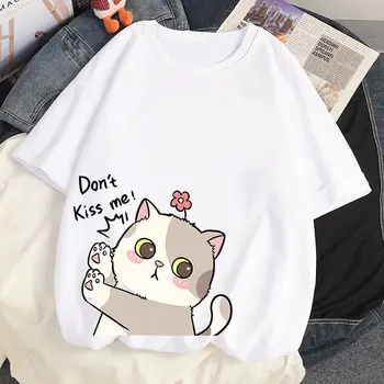 100% Cotton Summer T-shirts Harajuku Anime Kawaii Cat Print Dont Kiss Me Loose Short Sleeved Wild T Shirts Women Tops Clothing 1