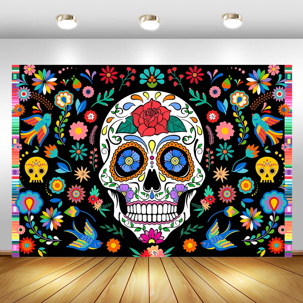 

Day of The Dead Backdrop for Mexican Fiesta Sugar Skull Flowers Photography Background Dia DE Los Muertos Decoration Banner