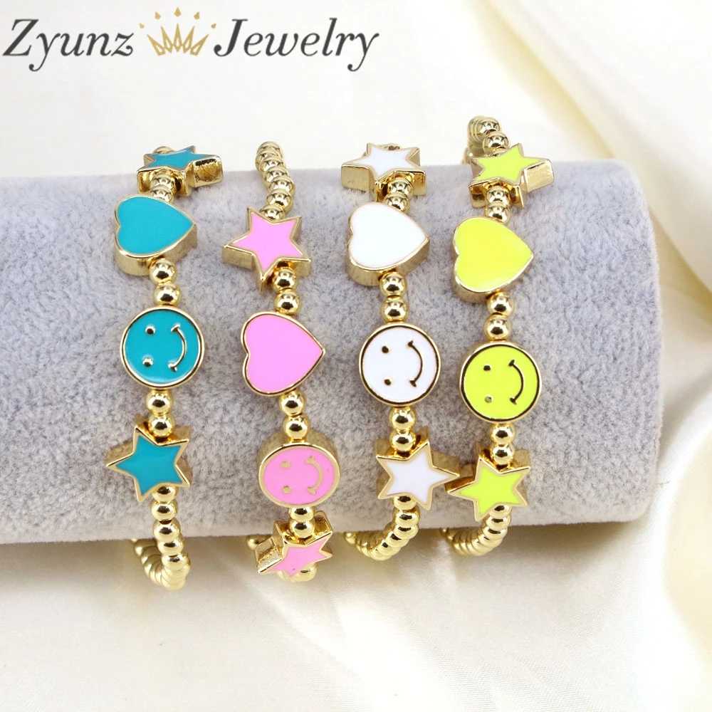 

5PCS, Female Gold Ball Enamel Heart Star Beads Bracelets Gold Color Cuff Bracelets For Women Statement Jewelry Pulsera Wristband