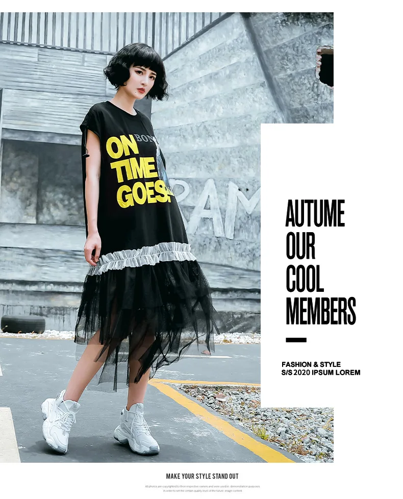 

Vefadisa Tide Brand Letter Printed Women Dress 2021 Summer Mesh Patchwork Dress Sleeveless Women Dress Plus Size Black QYF5453