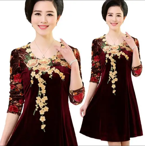 2020 зимнее бархатное платье трапециевидной формы женское с вышитыми цветами