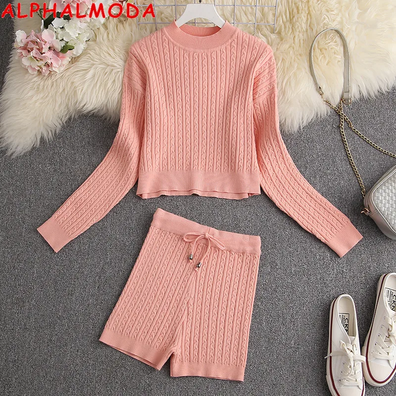 

ALPHALMODA 2020 Autumn Winter New Arrived Women Long-sleeved Sweater + Shorts 2pcs Suit Solid Twisted Fashion Lounge Wear Set