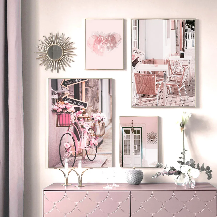 

Pink City Bicycle Flower Coffee Shop Quote Wall Art Canvas Painting Nordic Posters And Prints Wall Pictures Baby Kids Room Decor