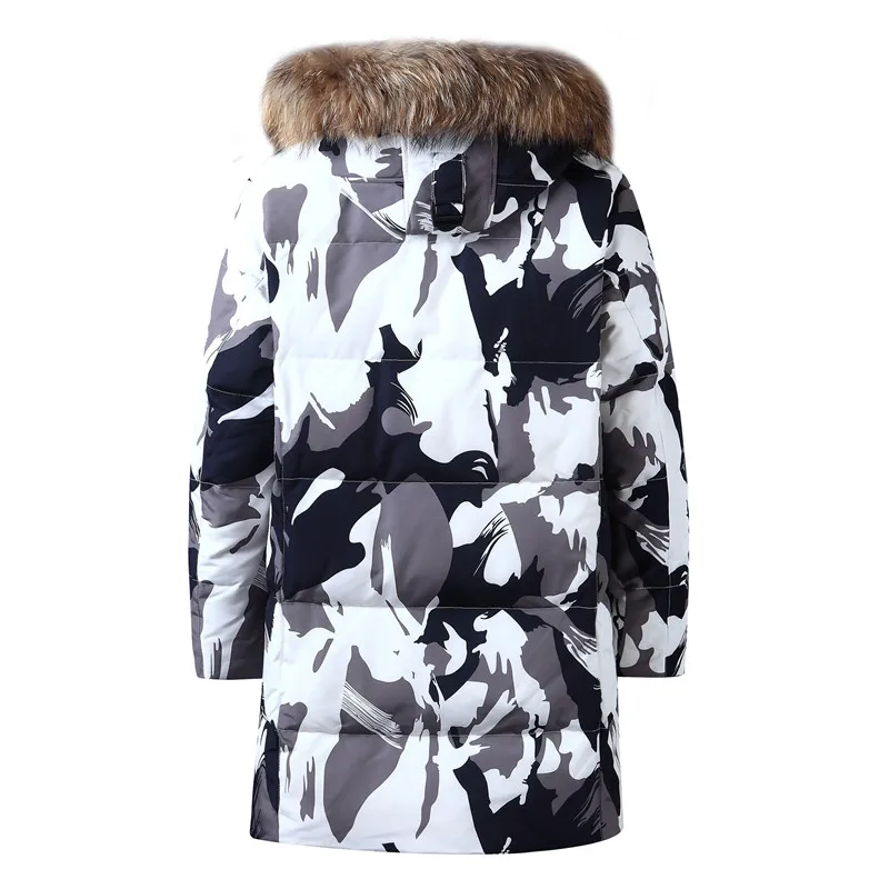 Мужской длинный пуховик камуфляжной расцветки зимнее толстое пальто с меховым
