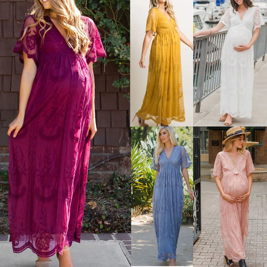 

NEW Fashion abito premaman donna gravidanza puntelli fotografia Sexy manica corta maternit pizzo solido abito lungo Art Photo D