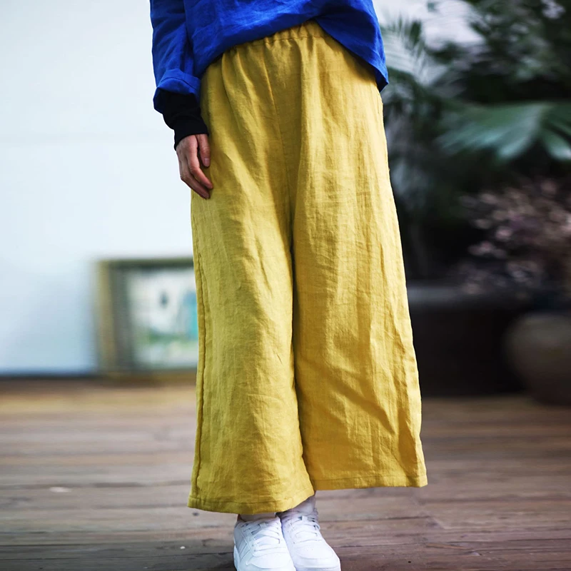 Женские льняные широкие брюки Johnature с эластичной резинкой на талии новинка весны