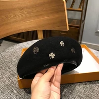 zhuoy beret hat for women wool with metal decoration new autumn winter clover women hats cap visors black solid lady winter hats