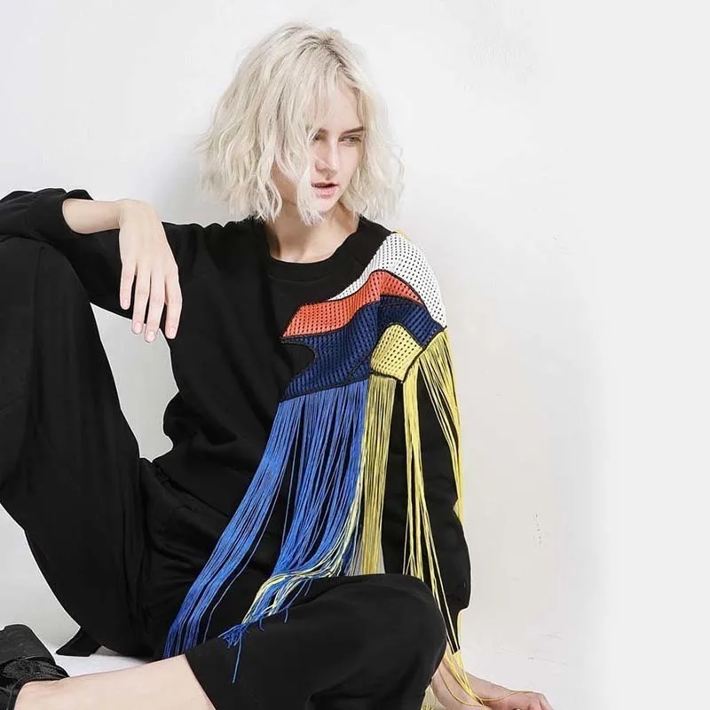 

[DEAT] Loose Fit Black Big Size Patchwork Sweatshirt New O-neck Long Sleeve Women Big Size Fashion Spring Autumn 2021 AS260