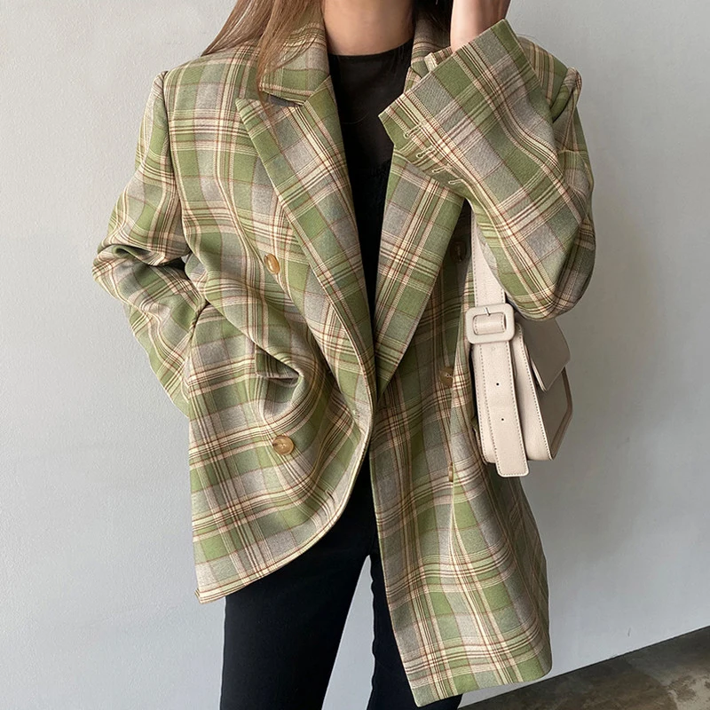 

Vintage Loose Women Plaid Blazer 2021 Autumn Chic Double Breasted Female Casual Long Sleeve Suit Jackets Stylish Ladies Blazer