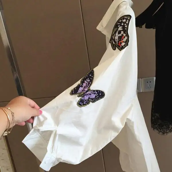 Белая блузка 2019 Весна Лето длинный рукав бабочка нашивки рубашка женская одежда
