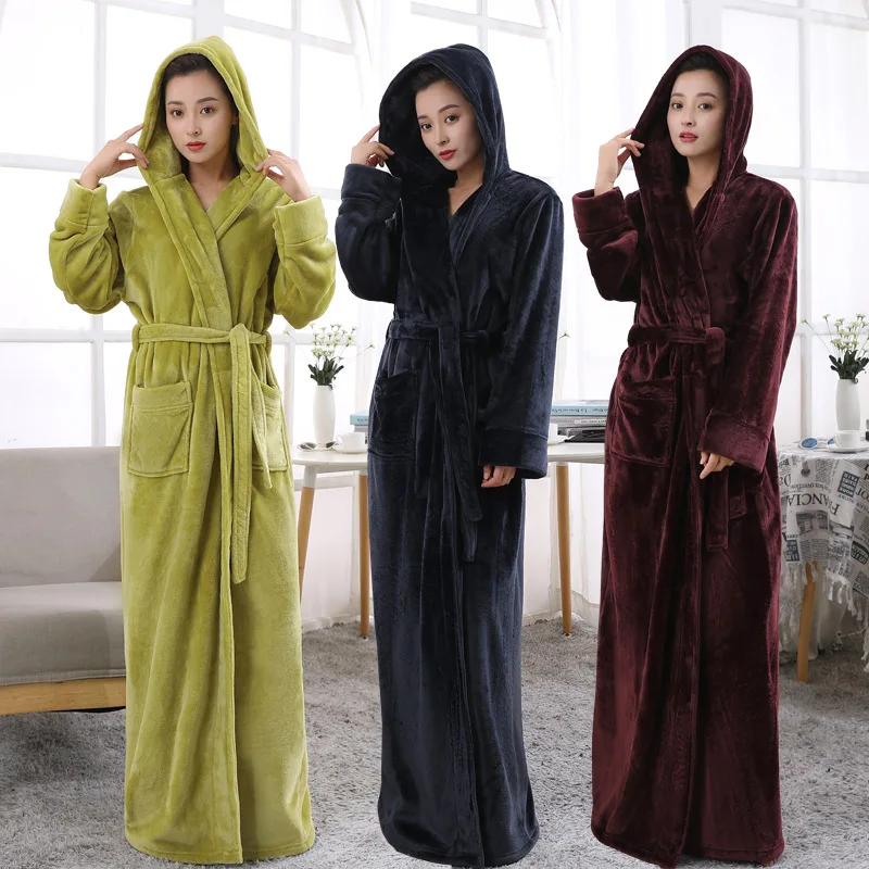 Thickened and Lengthened Nightgown Flannel Women's Winter Long Sleeve Hooded Pajamas Bridesmaid Robes