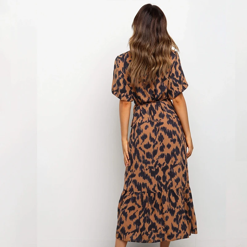 

Fashion spring summer beach dress women new sexy v-neck split black print short-sleeved one-piece leopard dress women vestido
