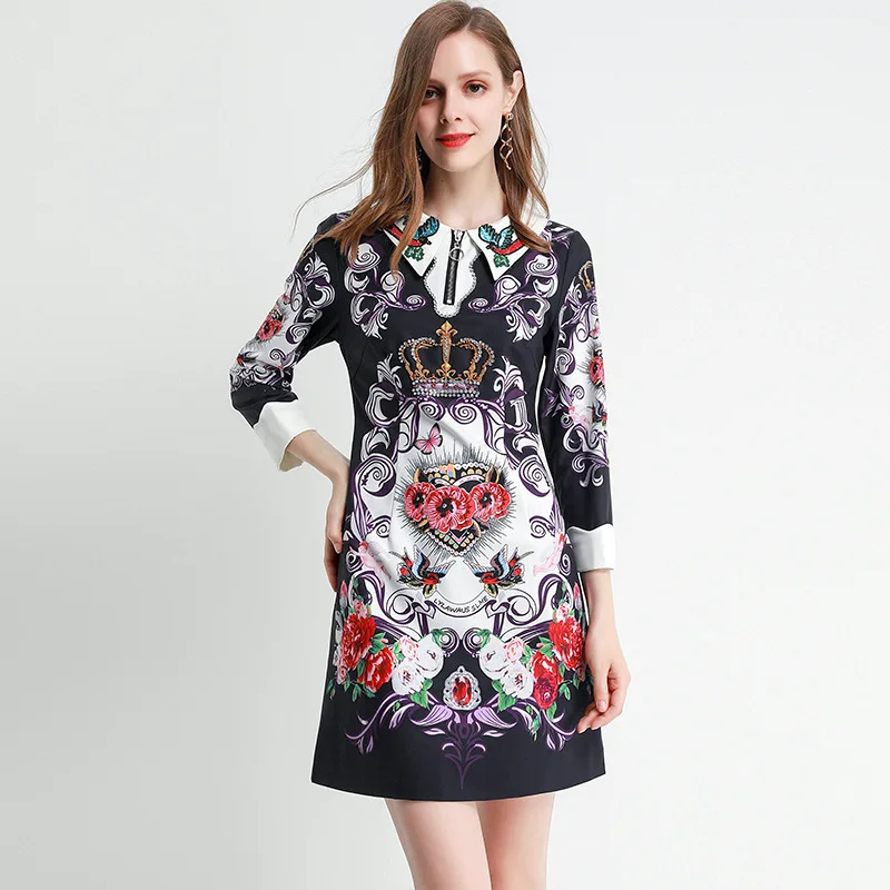 

Elegant Pattern Floral Women's Printed Wear Dress Autumn New Nine-Quarter Sleeve Rhinestone Slim Fashion Skirt
