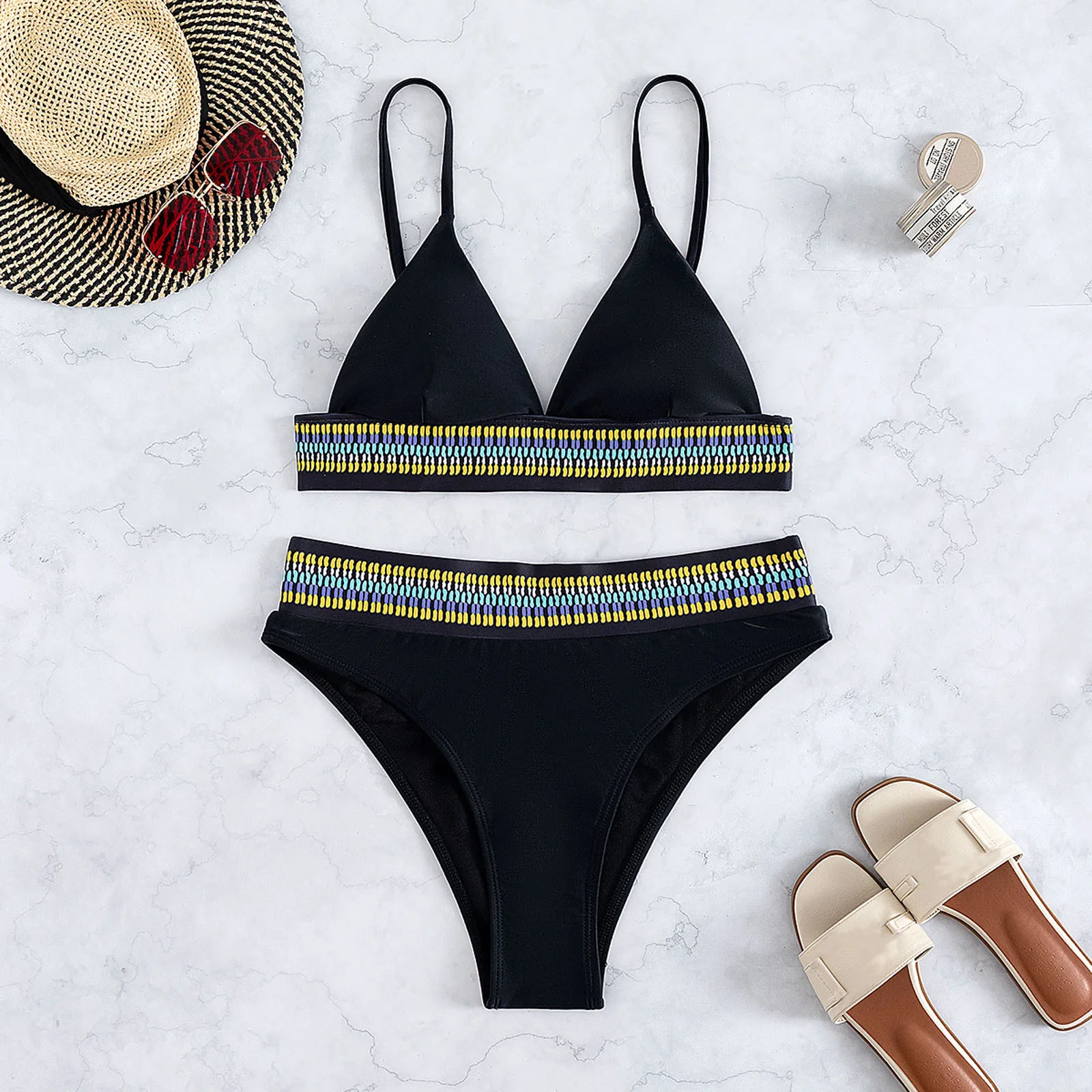 Женский купальник лоскутный комплект бикини пуш-ап бразильский с высокой талией