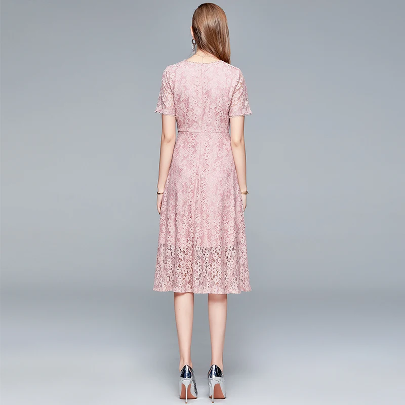 

Pink Lace Dresses Summer V-Neck Regular Mid-Calf Casual sexy dress women Ages 35-45 Years Old vestido feminino 2021