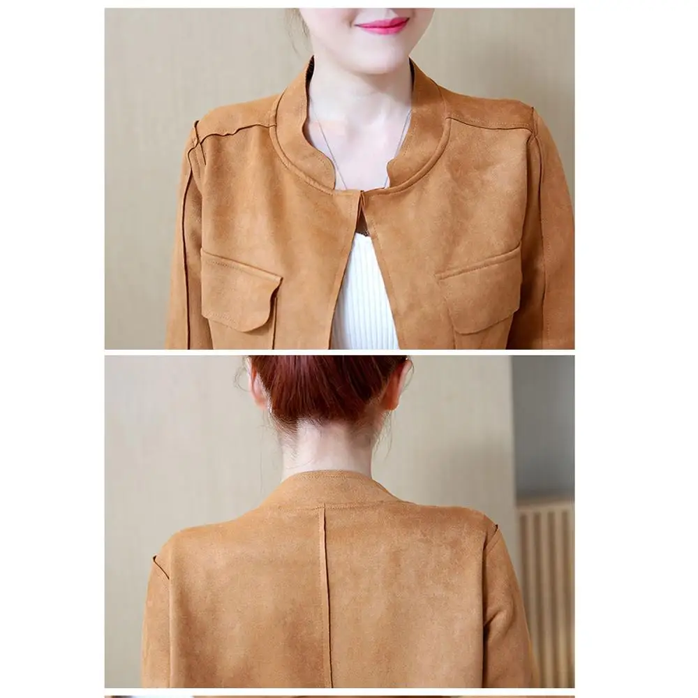 Женская замшевая куртка Gowyimmes Весенняя Короткая Повседневная с длинным рукавом