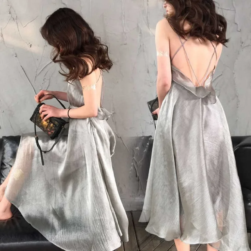 Летнее платье на бретелях с открытой спиной кружевное Сетчатое женское