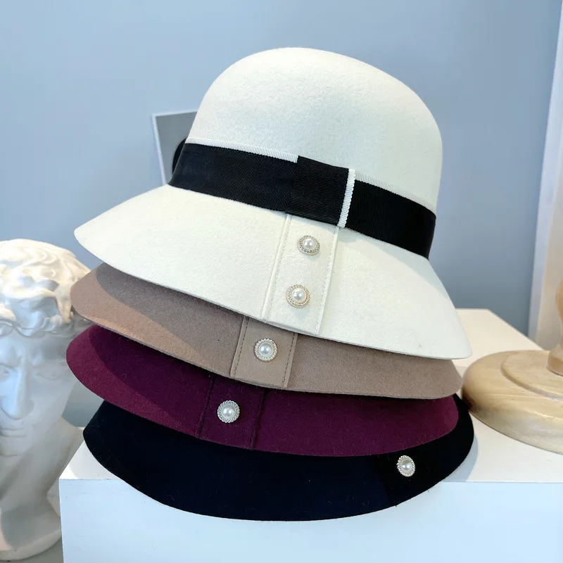 

Women Blower Hat Wool Top Hat Retro Patch Chapeu Fedora Hat Fisherman Bucket Caps Fashion Casual Pearl Basin Hat Vineyard Vines