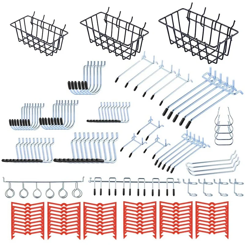 

135 шт. Pegboard Kit, 1/8 и 1/4 дюйма Pegboard Hoods ассортимент, Pegboard Bins, металлические крючки для подвешивания хранения