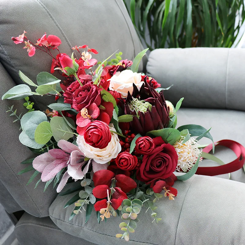 Vintage Dark Red Silk Flowers Protea cynaroides Wedding Bouquets Artificial Rose Bridal Bridesmaid Bouquet Accessories | Дом и сад