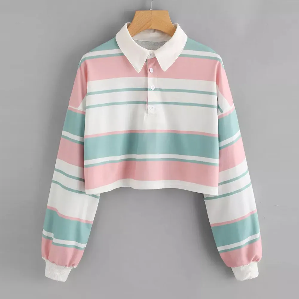 Women Hoodies Vogue Multicolor Stripe Button Long Sleeve Pullover Hoodie Sweatshirt Tops Blouse Crop Top Autumn Winter Top Femme