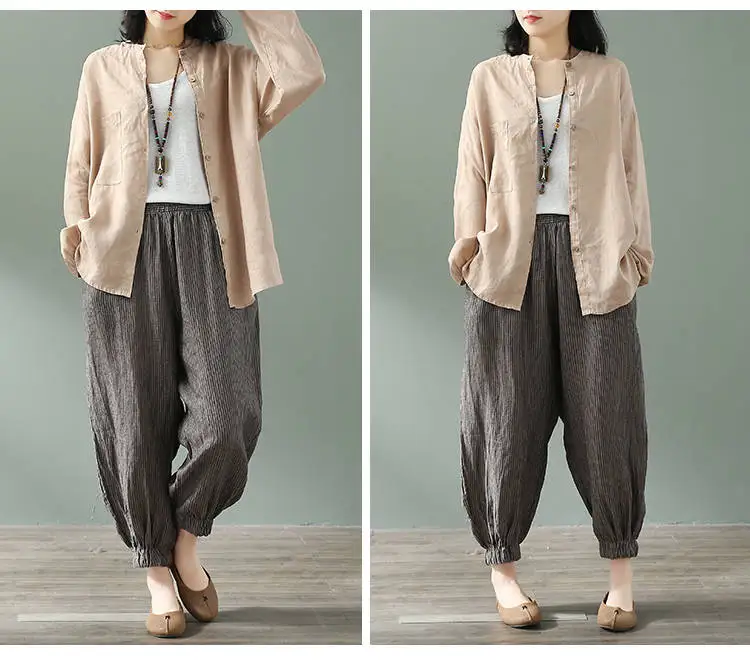 Женская блузка с длинным рукавом из хлопка и льна круглым вырезом | одежда