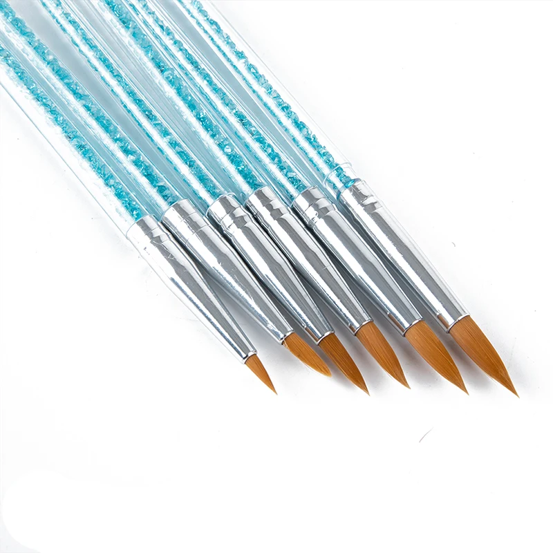 

6Pcs/set Nylon Hair Nail Brush Blue Rhinestone Handle Acrylic Brush Pen Nail Gel Builder Carving Dotting Drawing Tools