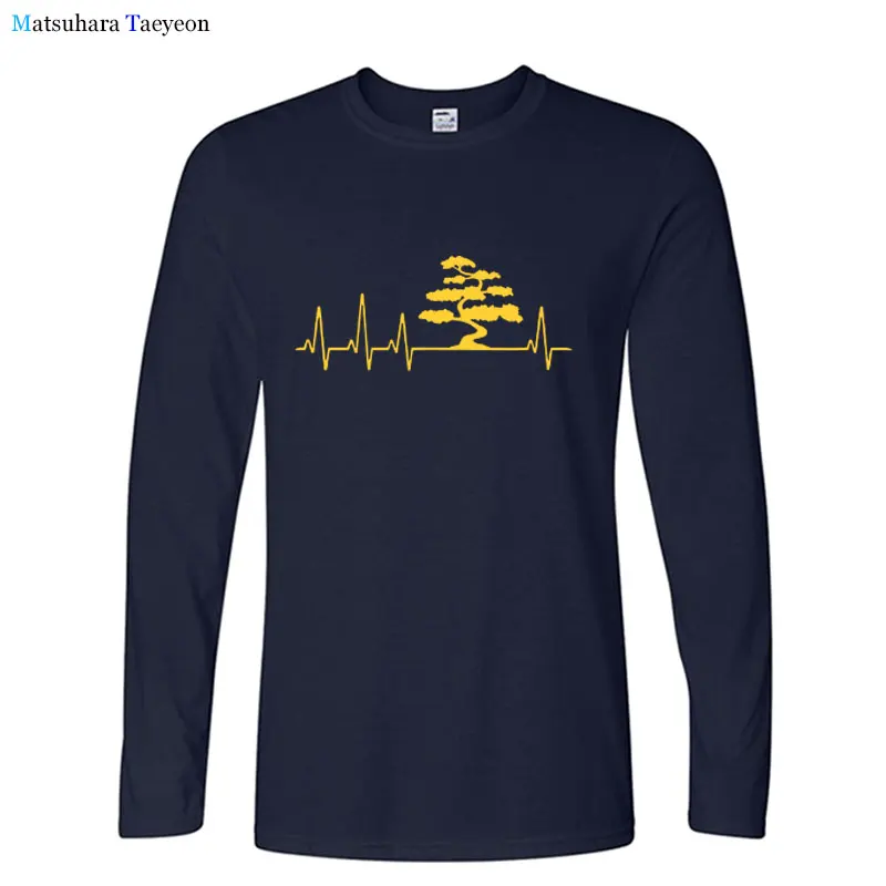 

Autumn New Funny T Shirt Men Bonsai Tree Gardening Gift Bonsai Heartbeat Shirt Men O Neck Tshirt Men Long Sleeve Shirt