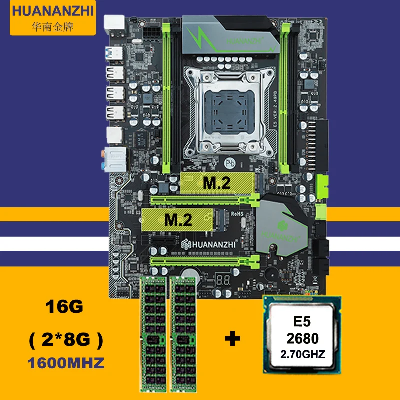 Verkaufen HUANANZHI X79 Super Motherboard Gaming-Set Dual M.2 NGFF/NVMe SSD Slot Xeon CPU E5 2680 2,7 GHz 8 Kerne RAM 16G(2*8G) REG ECC