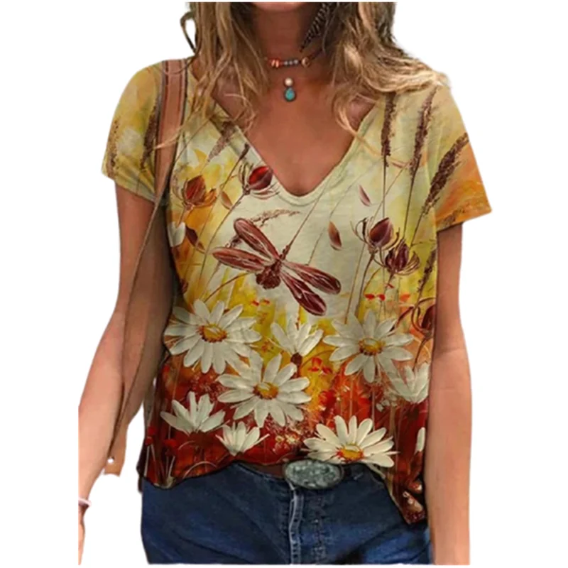 

Women T-Shirt Casual Short Sleeve V-Neck Printed Tops Summer 3D Printed Loose T-Shirt 2021 New Ladies Tops Fashion Streetwear