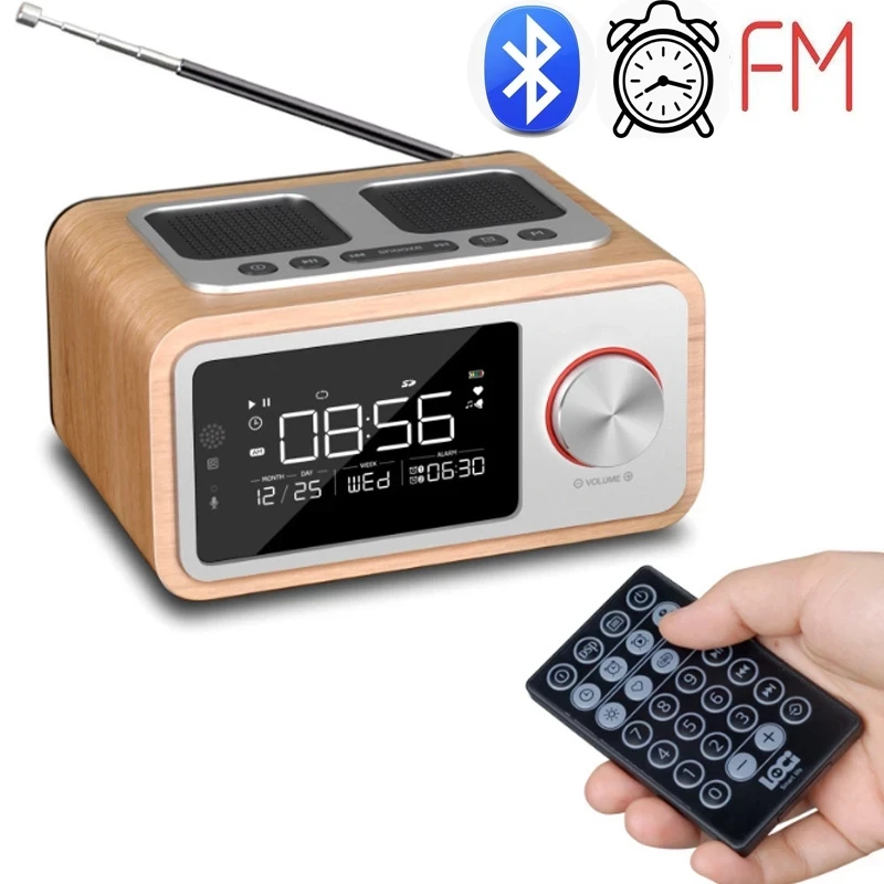 10W Home LED Screen Alarm Clock FM Radio Stereo Loudspeaker Bass Subwoofer Retro Wireless Small Wood Portable Bluetooth Speaker - купить по