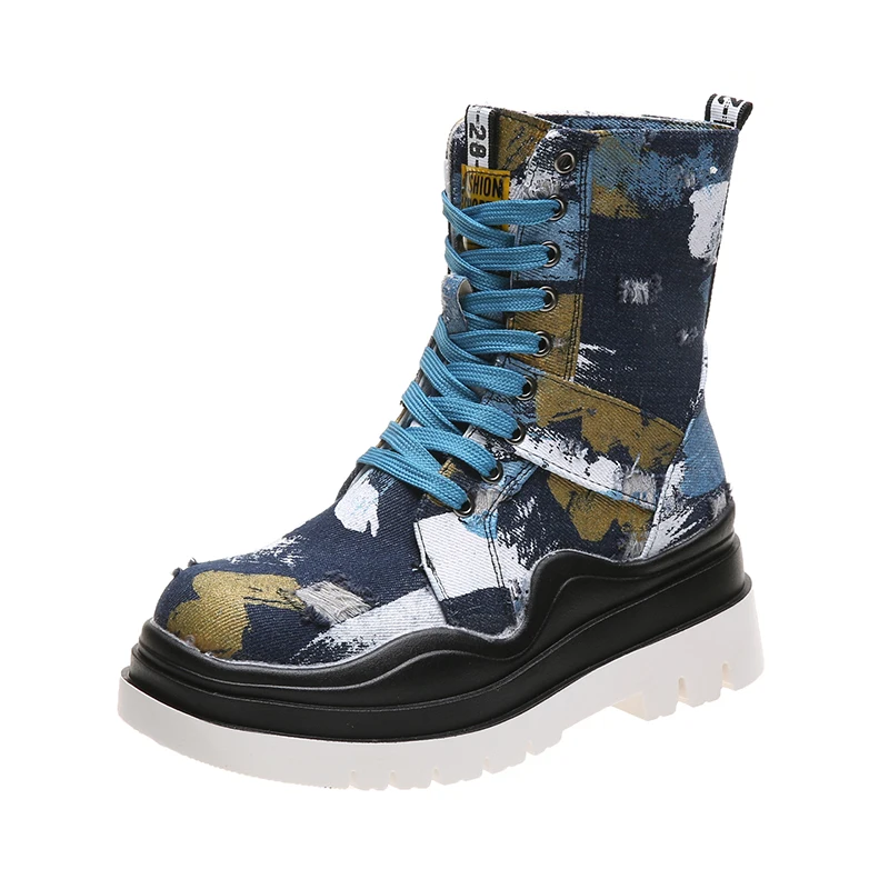 

2021 New Women Design High Top Martin Net Red Autumn Thick Sole Boots Platform Increased Casual Canvas Roman Short Boots Female