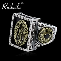 ruibeila new virgin mary cross 925 sterling silver inlaid gemstone mens ring vintage silver wide ring jewelry gift