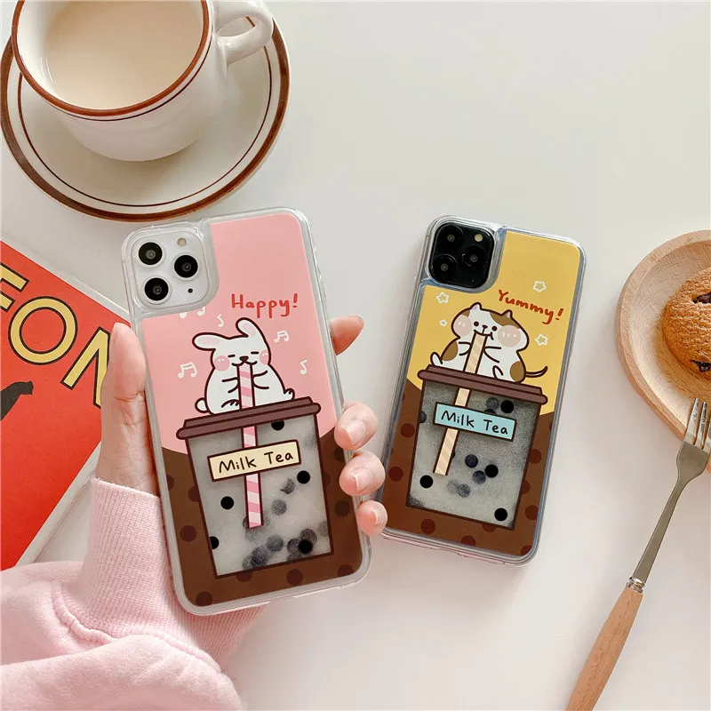 

Cute milk tea quicksand phone case for iPhone 12 12Mini 11 Pro XS Max SE XR X 8 7 Plus Dynamic liquid funny cartoon cover