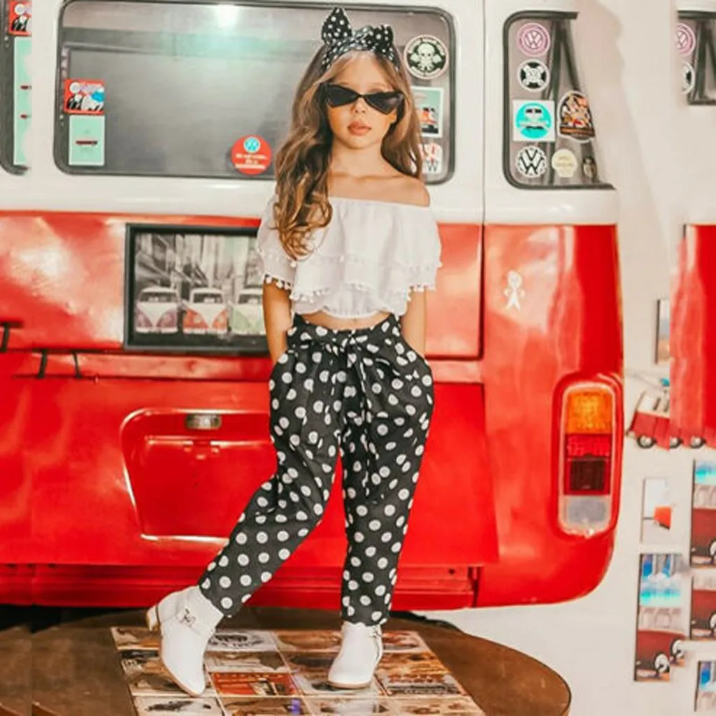 Лидер продаж модный детский комплект для девочек топ с помпоном штаны в горошек