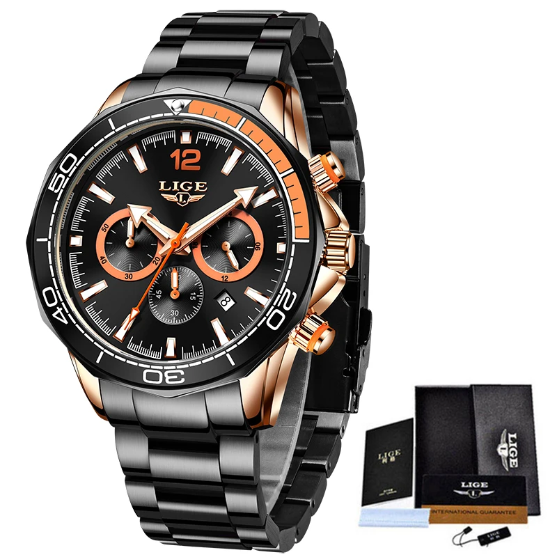 

LIGE Watches Men Stainless Steel Band Quartz Wristwatch Military Chronograph Clock Male Fashion Sport Watch Waterproof 2021 New
